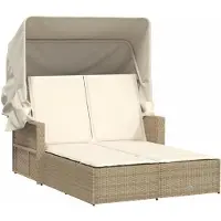 vidaXL Ligbed 2-persoons met luifel en kussens poly rattan beige