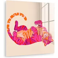 MuchoWow Glasschilderij 20x20 cm - Schilderij acrylglas - Tijger - Roze - Oranje - Foto op glas - Muurdecoratie woonkamer - Wanddecoratie slaapkamer - Schilderijen