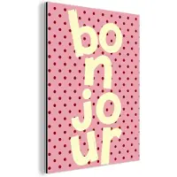 MuchoWow Aluminium schilderij 90x120 cm - Wanddecoratie metaal - Bonjour - Stippen - Roze- Geel - Metalen muurdecoratie woonkamer - Decoratie industrieel - Foto op dibond - Industriële accessoires slaapkamer