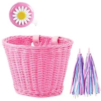 Wella 1Set Rotan Rieten Fietsmand+Bell+Tassel+Stickers Verstelbare Handgeweven Volwassen Fietsstuur Accessoires Roze