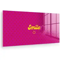 MuchoWow Glasschilderij 120x60 cm - Schilderij acrylglas - Smile - Stippen - Geel - Smiley - Roze - Foto op glas - Muurdecoratie woonkamer - Wanddecoratie slaapkamer - Schilderijen