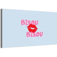 MuchoWow Aluminium schilderij 160x80 cm - Wanddecoratie metaal - Lippen - Bisou - Blauw - Metalen muurdecoratie woonkamer - Decoratie industrieel - Foto op dibond - Industriële accessoires slaapkamer