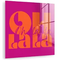 MuchoWow Glasschilderij 90x90 cm - Schilderij acrylglas - Oh la la - Roze - Oranje - Gestapelde letters - Foto op glas - Muurdecoratie woonkamer - Wanddecoratie slaapkamer - Schilderijen