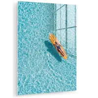 MuchoWow Glasschilderij 120x160 cm - Schilderij acrylglas - Surfboard - Water - Badpak - Oranje - Foto op glas - Muurdecoratie woonkamer - Wanddecoratie slaapkamer - Schilderijen