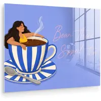 MuchoWow Glasschilderij 160x120 cm - Schilderij acrylglas - Mok - Koffie - Vrouw - Paars - Foto op glas - Muurdecoratie woonkamer - Wanddecoratie slaapkamer - Schilderijen