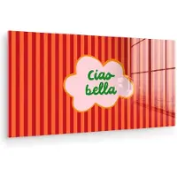 MuchoWow Glasschilderij 80x40 cm - Schilderij acrylglas - Ciao bella - Tekstwolk - Strepen - Oranje - Foto op glas - Muurdecoratie woonkamer - Wanddecoratie slaapkamer - Schilderijen