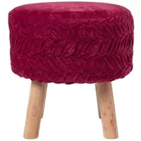 Homescapes Lyla ronde geplooide fluwelen kruk met houten poten - magenta, 40 cm hoog
