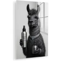 MuchoWow Glasschilderij 120x180 cm - Schilderij acrylglas - Lama - Flessen - Zwart - Wit - Foto op glas - Muurdecoratie woonkamer - Wanddecoratie slaapkamer - Schilderijen