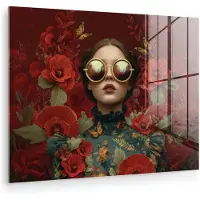 MuchoWow Glasschilderij 160x120 cm - Schilderij acrylglas - Bloemen - Dieprood - Zonnebril - Vrouw - Foto op glas - Muurdecoratie woonkamer - Wanddecoratie slaapkamer - Schilderijen