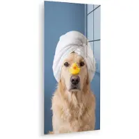 MuchoWow Glasschilderij 80x160 cm - Schilderij acrylglas - Hond - Badeend - Geel - Foto op glas - Muurdecoratie woonkamer - Wanddecoratie slaapkamer - Schilderijen