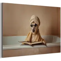 MuchoWow Aluminium schilderij 30x20 cm - Wanddecoratie metaal - Bad - Hond - Boek - Zonnebril - Metalen muurdecoratie woonkamer - Decoratie industrieel - Foto op dibond - Industriële accessoires slaapkamer