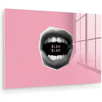 MuchoWow Glasschilderij 90x60 cm - Schilderij acrylglas - Mond - BLAH BLAH - Roze - Foto op glas - Muurdecoratie woonkamer - Wanddecoratie slaapkamer - Schilderijen