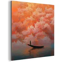 MuchoWow Aluminium schilderij 20x20 cm - Wanddecoratie metaal - Zee - Boot - Wolken - Oranje - Metalen muurdecoratie woonkamer - Decoratie industrieel - Foto op dibond - Industriële accessoires slaapkamer