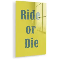 MuchoWow Glasschilderij 40x60 cm - Schilderij acrylglas - Ride or die - Geel - Blauw - Foto op glas - Muurdecoratie woonkamer - Wanddecoratie slaapkamer - Schilderijen