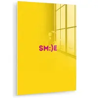 MuchoWow Glasschilderij 90x120 cm - Schilderij acrylglas - Smile - Roze - Geel - Foto op glas - Muurdecoratie woonkamer - Wanddecoratie slaapkamer - Schilderijen