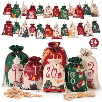 Sonstiges Adventskalender om zelf te vullen, 2024. DIY, stoffen zakjes, houten klemmetjes, hennepkoord, rood, groen, beige