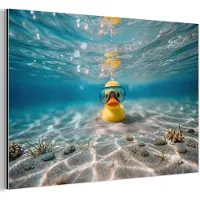 MuchoWow Aluminium schilderij 180x120 cm - Wanddecoratie metaal - Duikbril - Eend - Water - Metalen muurdecoratie woonkamer - Decoratie industrieel - Foto op dibond - Industriële accessoires slaapkamer