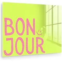 MuchoWow Glasschilderij 40x30 cm - Schilderij acrylglas - Groen - Smiley - Bonjour - Roze - Foto op glas - Muurdecoratie woonkamer - Wanddecoratie slaapkamer - Schilderijen