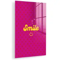 MuchoWow Glasschilderij 120x180 cm - Schilderij acrylglas - Smile - Stippen - Geel - Smiley - Roze - Foto op glas - Muurdecoratie woonkamer - Wanddecoratie slaapkamer - Schilderijen