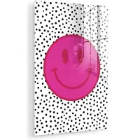 MuchoWow Glasschilderij 120x180 cm - Schilderij acrylglas - Smiley - Roze - Stippen - Foto op glas - Muurdecoratie woonkamer - Wanddecoratie slaapkamer - Schilderijen