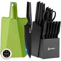 Coock - Messenset met Blok en Vouwbare Snijplank – Keukenmessen - Schaar - Messenslijper – 15-Delige Keukengerei Set in Messenblok - RVS – Met ‘Non Stick’ Coating - Zwart