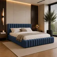FURNISTAR Bekleden bed BLIVIO 160x200 cm, bekleed bed met opbergruimte, opbergbox en lattenbodem, tweepersoonsbed, boxspring-look, blauw