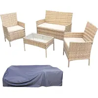 SVITA BROOKLYN 4-delige tuinloungeset - Polyrattan loungemeubilair - Weerbestendig - Voor tuin, terras & balkon - Inclusief kussens & tafel met glasplaat - Beige - Beschermhoes inbegrepen