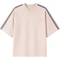 NIK&NIK boxy T-shirt met logo en contrastbies - beige Meisjes Polyester V-hals - maat 164
