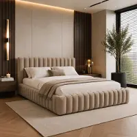 FURNISTAR Bekleden bed BLIVIO, 200x200 cm, Bekleed bed met opbergruimte, opbergkist en lattenbodem, tweepersoonsbed, boxspring-look, cappuccino