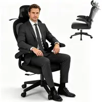 UISEBRT Ergonomische bureaustoel, zwart, mesh-stoel met kledinghaken, 2D lendensteun, 125° kantelstand, verstelbare bureaustoel voor thuiswerk, geschikt tot 150 kg