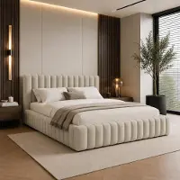 FURNISTAR Gestoffeerd bed BLIVIO 180x200 cm, gestoffeerd bed met opbergruimte, opbergvak en lattenbodem, tweepersoonsbed, boxspring-look, beige
