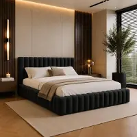 FURNISTAR Gestoffeerd bed BLIVIO 140x200 cm, gestoffeerd bed met opbergruimte, bewaarloog en lattenbodem, tweepersoonsbed, boxspring-look, zwart