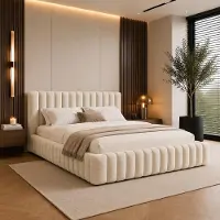 FURNISTAR Gestoffeerd bed BLIVIO, 200x200 cm, gestoffeerd bed met opbergruimte, opbergkist en lattenbodem, tweepersoonsbed, boxspring-look, crème