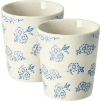 Discountershop Koffiekopjes Set van 2 – Keramische Kopjes Zonder Oor – Blauw Witte Bloemenprint – Espresso Kopjes – Theekopjes – Koffiemokken Klein