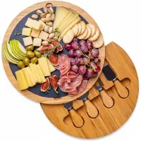 Famanu - Ronde bamboe kaasplank met verwijderbare leisteen en 4 messen, ideaal cadeau voor feest of jubileum – Natuur
