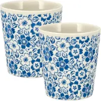 Discountershop Koffiekopjes Set van 2 – Keramische Koffiemokken 200 ml Zonder Oor – Blauw Wit Bloemen Patroon – Espresso Kopjes Cappuccino Bekers en Theekopjes