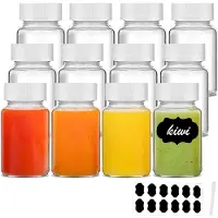 Famanu - Set van 12 mini-shotflessen 60 ml met witte dop, etiketten en pen, geschikt voor likeur, gember en jenever – Transparant
