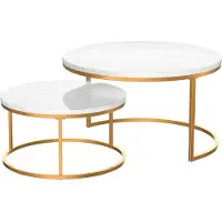 OKWISH Salontafel set van 2 – Ø80 & Ø60 cm – In elkaar schuifbaar (nestbaar) – Ronde bijzettafels met marmerlook – Gouden metalen frame – Voor woonkamer – Wit/Goud