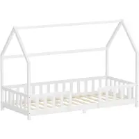 ML-Design Kinderbed Huisbed 90x200 cm van grenenhout Wit met beschermdak en lattenbodem Houten bed
