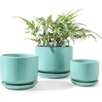 Famanu - Set van 3 keramische bloempotten met schotels aqua kleur