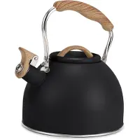 Snq Waterketel – Voor op het fornuis – 3 liter – Roestvrij staal – Handvat met houtnerf – Luid fluitgeluid bij koken – Ideaal voor thee, koffie en het verwarmen van melk – Zwart