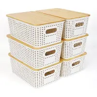 Famanu – Set van 6 kunststof opbergmanden met bamboedeksel – Stapelbare keukenorganizers – Wit
