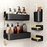Famanu – Douchecaddy set van 5, boorvrij doucheplanken van ABS, sneldrogend en ruimtebesparend, grote capaciteit, zwart