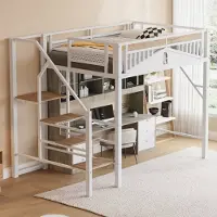 STILVORA Hoogslaper 140x200 cm – Metaal Hoogslaper met Raam-Veiligheidshek – Veiligheidsladder Met Opbergruimte Onder Het Bed – Metaal;MDF – Wit – Zonder matras