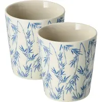 Discountershop Koffiekopjes Set van 2 – Keramische Koffiemokken 200 ml Zonder Oor – Blauw Wit Bamboe Patroon – Espresso Kopjes Cappuccino Bekers en Theekopjes
