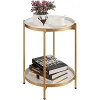 Famanu – Ronde bijzettafel met 2 lagen – Metaal – Goud/wit