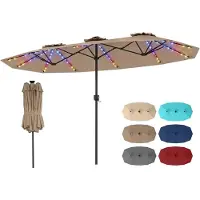 Costway Dubbele parasol 375 x 200 cm, dubbele parasol met led-verlichting op zonne-energie, 12 verlichtingsstanden, 2 oplaadmogelijkheden, tuinparasol met slinger, terrasparasol, marktparasol (bruin)