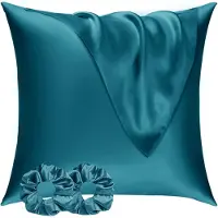 Famanu - Satijnen kussenslopen 80x80 cm turkoois set 2, zijdeachtig zacht voor haar en huid, envelopsluiting met 2 haarbandjes