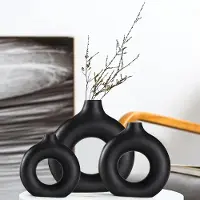 Famanu – Set van 3 decoratieve vazen van zwart keramiek voor moderne interieurdecoratie - ronde matte vazen voor pampasgras - esthetische vazen - neutraal - boho - Scandinavisch - minimalisme