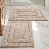 Famanu – Beige antislip badmat - set van 2 (80 x 150 cm) + (50 x 80 cm) - pluche badmat - zachte bad - en douchemat - machinewasbaar - sneldrogend - relax